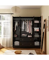 Famapy White 4-Door Armoires with Mirror, 2 Hanging Rods, 2-Drawers