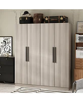 Famapy Grey Wood 4-Door Wardrobe Armoires with Hanging Rod and Storage Shelves