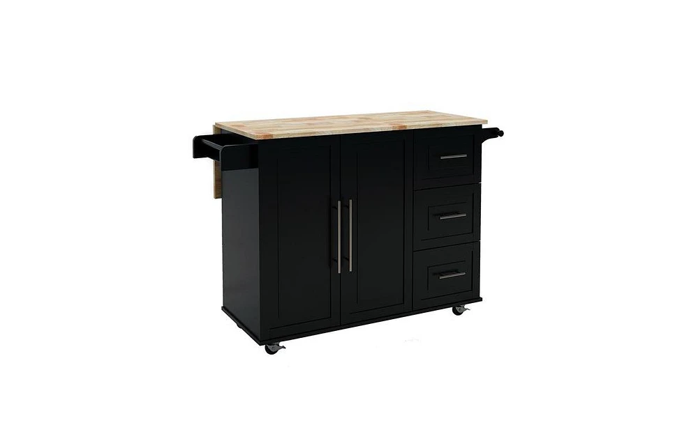 Slickblue Kitchen Island with Spice Rack, Towel Rack, and Extensible Solid Wood Table Top - Black