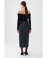 Nocturne Women's Faux Leather Midi Skirt with Belt