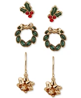 lonna & lilly Gold-Tone 3-Pc. Set Crystal Holly, Wreath & Bow Earrings