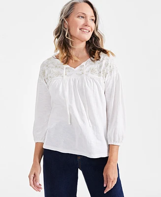 Style & Co Women's Cotton Embroidered Knit Peasant Top