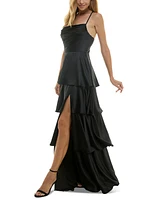 City Studios Juniors' Cowlneck Tiered Slit-Front Gown