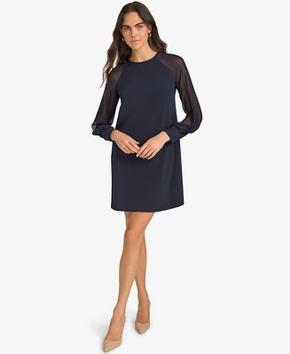 Calvin Klein Petite Sheer-Sleeve Jewel-Neck Shift Dress