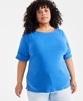 Style & Co Women's Boat-Neck Elbow Sleeve Cotton Top, Xs-4X, Created for Macy's