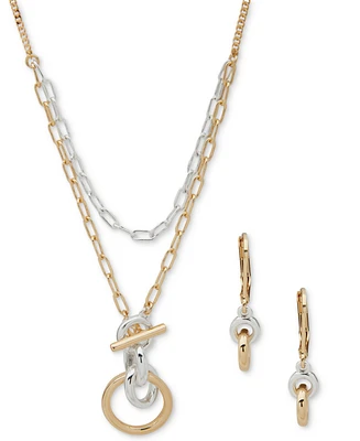 Anne Klein Two-Tone Linked Ring Layered Pendant Necklace & Drop Earrings Set