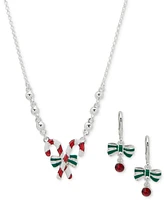 Anne Klein Silver-Tone Candy Cane Pendant Necklace & Drop Earrings Set