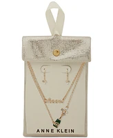 Anne Klein Gold-Tone Mixed Stone Cheers-Motif Layered Pendant Necklace & Drop Earrings Set