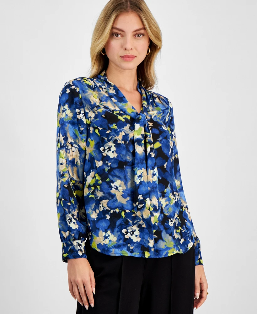 Bar Iii Women's Floral-Print Tie-Neck Blouse, Exclusively at Macy's