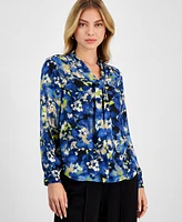 Bar Iii Women's Floral-Print Tie-Neck Blouse, Exclusively at Macy's