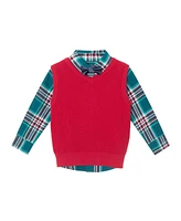 Andy & Evan Toddler Boys Toddler/Child Navy Plaid Buttondown w/Maroon Sweater Vest Bowtie