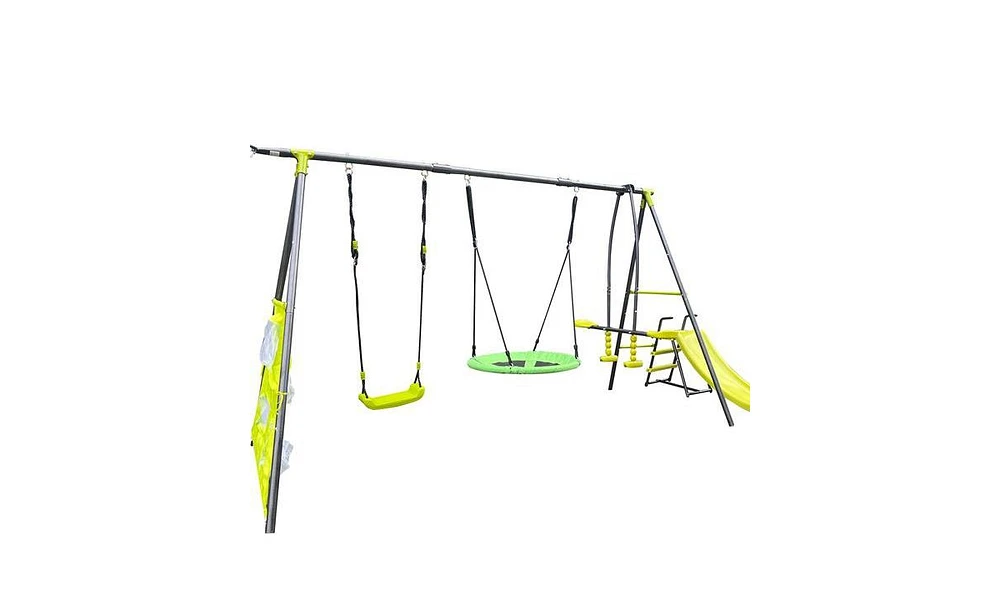 Slickblue Interesting Six-Function Swing Set with Net Swing Versatile Outdoor Play Equipment