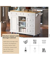 Slickblue Kitchen Cart with Rubber Wood Desktop: Rolling Mobile Island with Storage and 5 Drawers, 53-Inch Length - White