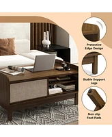 Gymax Rectangular Coffee Table w/ Storage Weaving Sliding Door & Adjustable Shelf