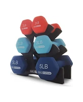 HolaHatha 2, 3, & 5 Lb Neoprene Dumbbell Free Hand Weight Set w/ Rack, Red/Blue