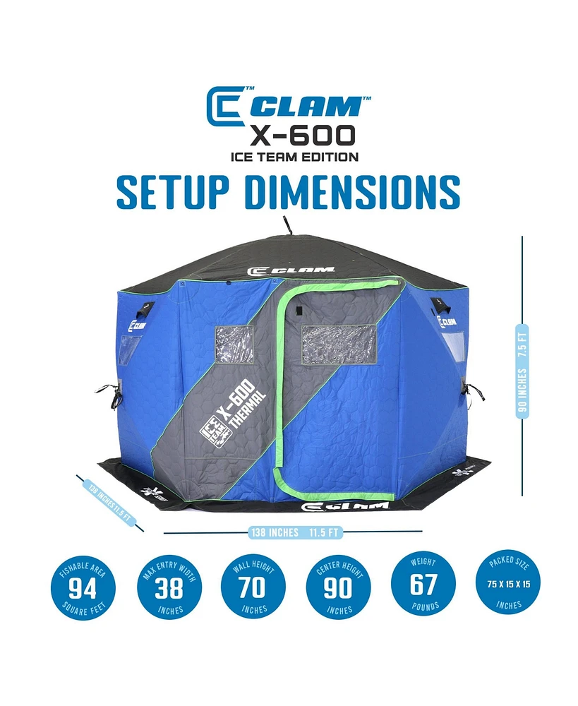 Clam X-600 Portable 11.5' 6 Person Ice Team Thermal Hub Shelter w/Dimmable Light