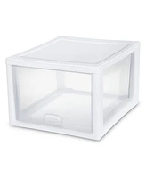 Sterilite 27 Quart Clear & White Plastic Storage Bin with One Drawer, 8 Pack
