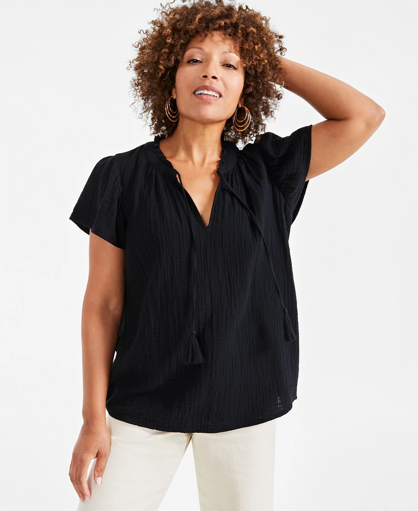 Style & Co Petite Cotton Flutter-Sleeve Ruffle Top, Created for Macy's