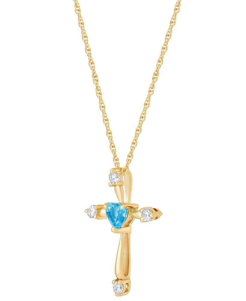 Swiss Blue Topaz (1/4 ct. t.w.) & White Topaz (1/5 ct. t.w.) Heart Cross 18" Pendant Necklace in 14k Gold