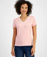 Nautica Jeans Women's Solid Stripe-Trim V-Neck