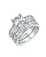 Bling Jewelry 2CT Princess Cut Solitaire Side Stone Cz Square Band Ring Set .925 Sterling Silver