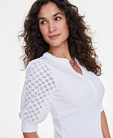 On 34th Women's Eyelet Puff Sleeve Henley Top, Created for Macy's