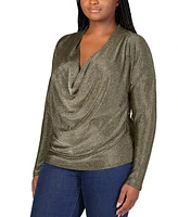 24seven Comfort Apparel Plus Cowl Neck Long Sleeve Shimmery Top