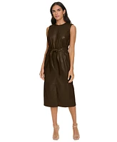 Calvin Klein Women's Faux-Leather Sleeveless Tie-Waist Dress