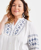 Style & Co Plus Size Embroidered 3/4-Sleeve Button-Front Blouse, Created for Macy's