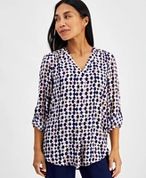 Ak Anne Klein Petite Printed Roll-Tab V-Neck Tunic