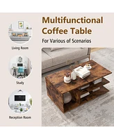 Gymax Geometric Coffee Table w/ Storage Shelves 3-Tier Rectangular Tea Rustic Brown