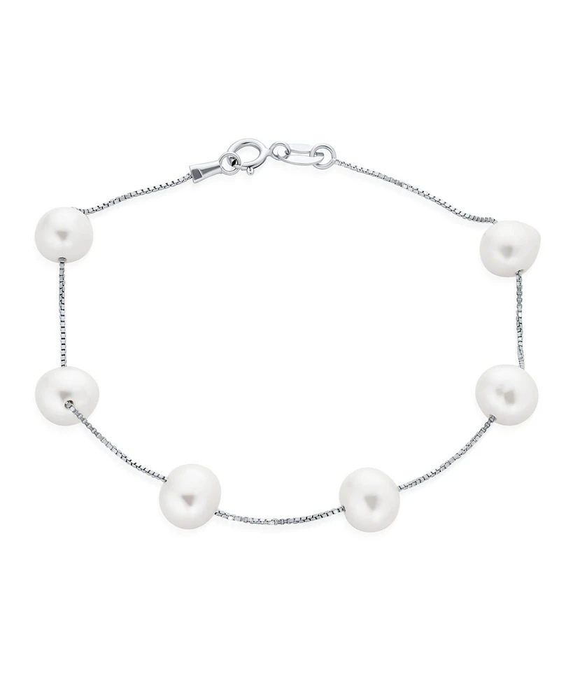 Bling Jewelry Tin Cup White Freshwater Cultured 7MM Pearl Chain Station Pearls Bracelet .925 Sterling Silver