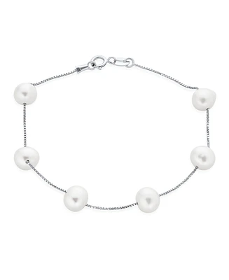 Bling Jewelry Tin Cup White Freshwater Cultured 7MM Pearl Chain Station Pearls Bracelet .925 Sterling Silver