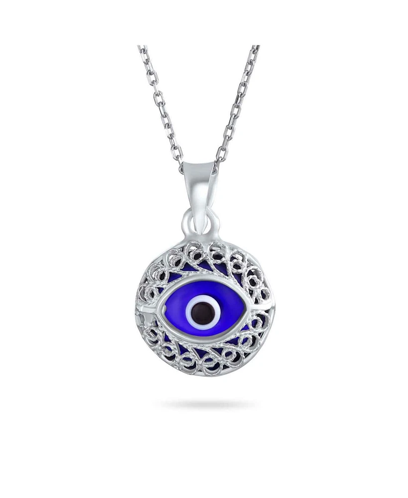 Bling Jewelry Spiritual Protection Amulet Round Circle Moving Floating Blue Evil Eye Filigree Charm Pendant Necklace Sterling Silver