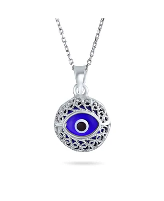 Bling Jewelry Spiritual Protection Amulet Round Circle Moving Floating Blue Evil Eye Filigree Charm Pendant Necklace Sterling Silver