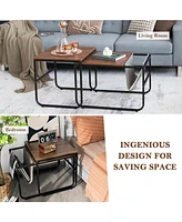 Gymax Nesting Coffee Table Set of 2 Industrial Stackable Side Table w/ Magazine Holder