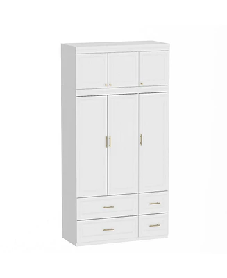 Famapy White 6-Door Big Wardrobe Armoires with Hanging Rod, 4-Drawers