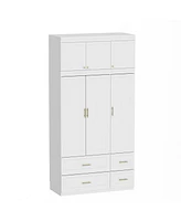 Famapy White 6-Door Big Wardrobe Armoires with Hanging Rod, 4-Drawers