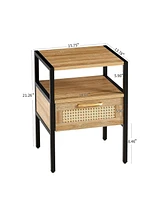 Slickblue Rattan End Table with Drawer: Modern Nightstand with Metal Legs - Side Table for Living Room & Bedroom - Natural