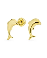 Bling Jewelry Tiny Mini Minimalist Nautical Tropical Ocean Marine Life Real 14K Yellow Gold Dolphins Stud Earrings For Women Safety Screw back