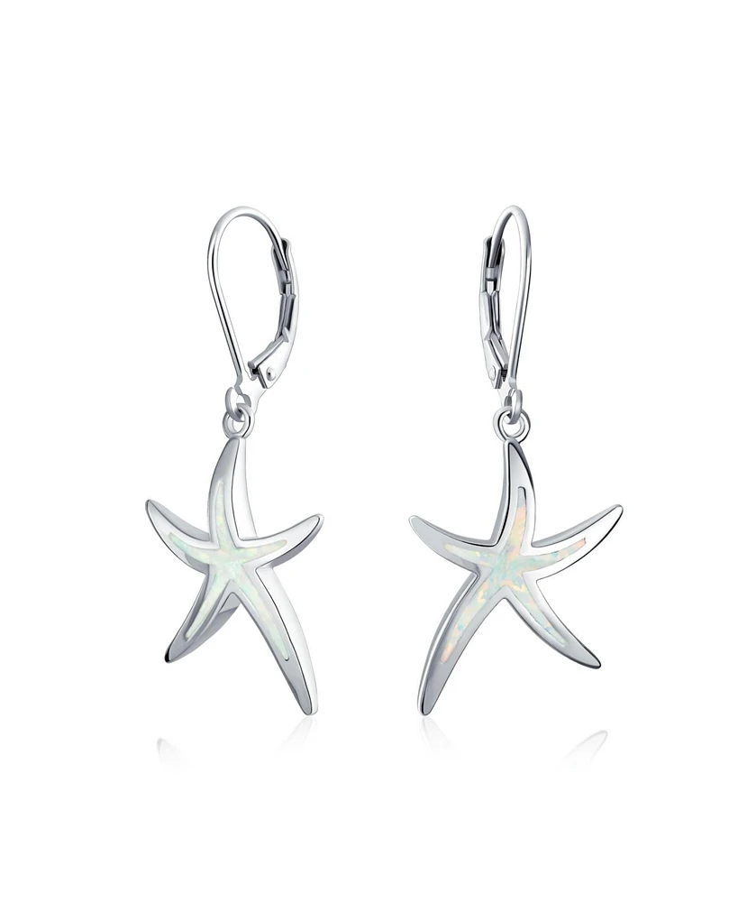 Bling Jewelry Nautical Aquatic Tropical Beach Vacation Iridescent White Created Opal Inlay Starfish Dangle Drop Lever back Earrings For Women .925 Ste