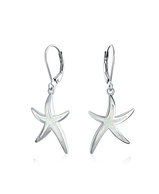 Bling Jewelry Nautical Aquatic Tropical Beach Vacation Iridescent White Created Opal Inlay Starfish Dangle Drop Lever back Earrings For Women .925 Ste