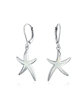 Bling Jewelry Nautical Aquatic Tropical Beach Vacation Iridescent White Created Opal Inlay Starfish Dangle Drop Lever back Earrings For Women .925 Ste