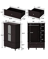 Famapy Brown Paint Big Wardrobe Armoires With Mirror,Drawers,Shelves