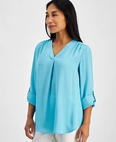 Ak Anne Klein Petite Pleat-Front V-Neck Roll-Tab Tunic