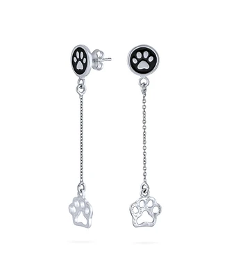 Bling Jewelry Bff Pet Animal Lover Linear Black Enamel Dog Cat Kitten Puppy Paw Print Dangle Earrings For Women .925 Sterling Silver