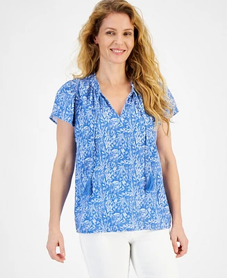 Style & Co Women's Cotton Gauze Tie-Neck Flutter-Sleeve Top, Created for Macy's