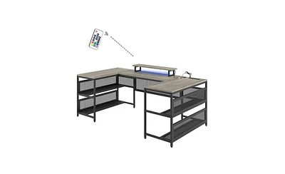 Slickblue U-Shaped Desk with Shelves and Led Lights – Modern and Functional Workspace