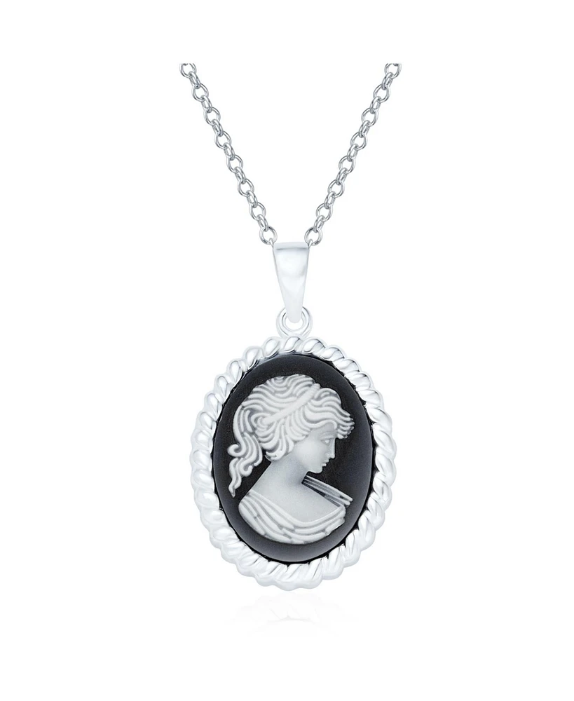 Bling Jewelry Classic Antique Style Red Blue Black White Carved Oval Framed Victorian Lady Portrait Cameo Pendant Brooch Necklace For Women .925 Sterl