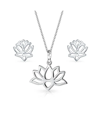 Bling Jewelry Blossom Open Lily Flower Zen Buddhist Lotus Pendant Necklace Threader or Stud Earrings For Women Yogi .925 Sterling Silver